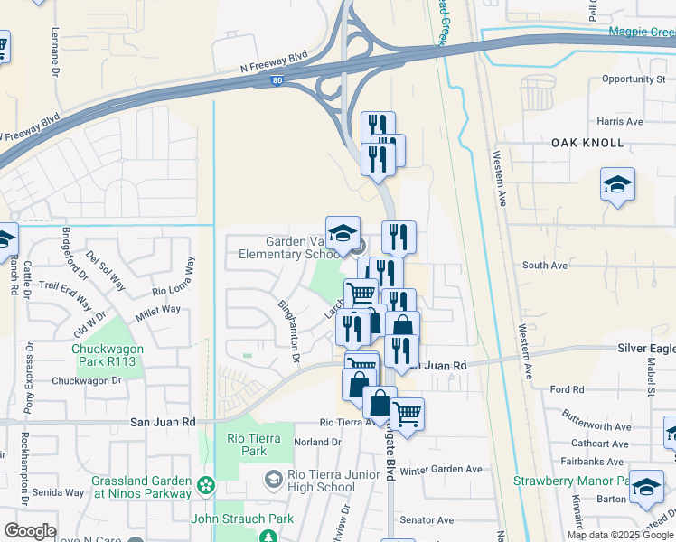 map of restaurants, bars, coffee shops, grocery stores, and more near 3601 Larchwood Drive in Sacramento