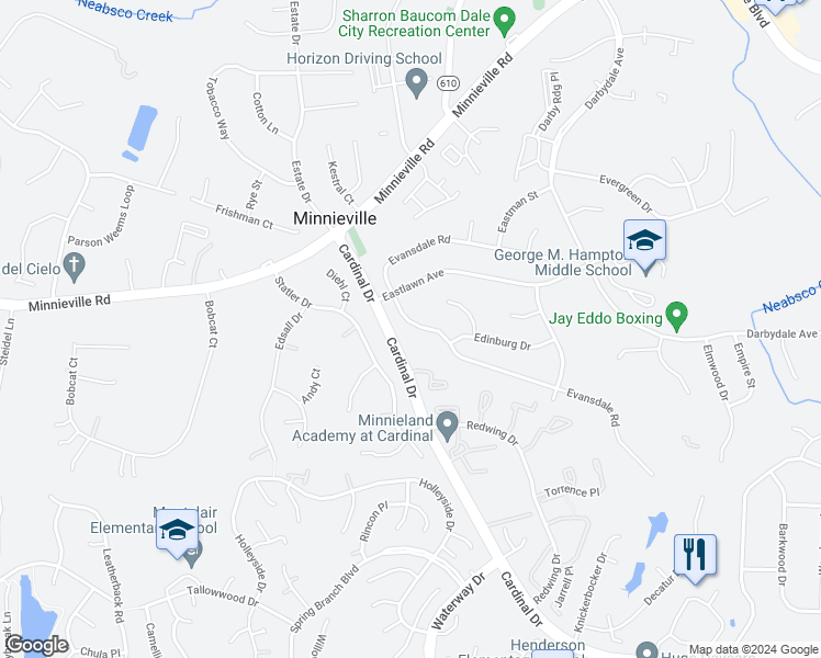 map of restaurants, bars, coffee shops, grocery stores, and more near 4547 Evansdale Road in Woodbridge
