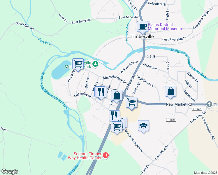 map of restaurants, bars, coffee shops, grocery stores, and more near 4th Street in Timberville