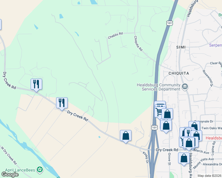 map of restaurants, bars, coffee shops, grocery stores, and more near 15600 Norton Road in Healdsburg