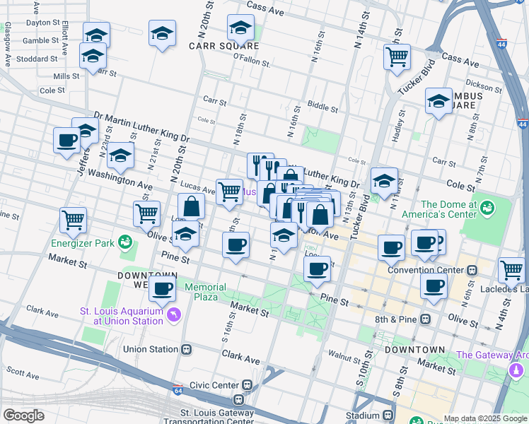 map of restaurants, bars, coffee shops, grocery stores, and more near in St. Louis