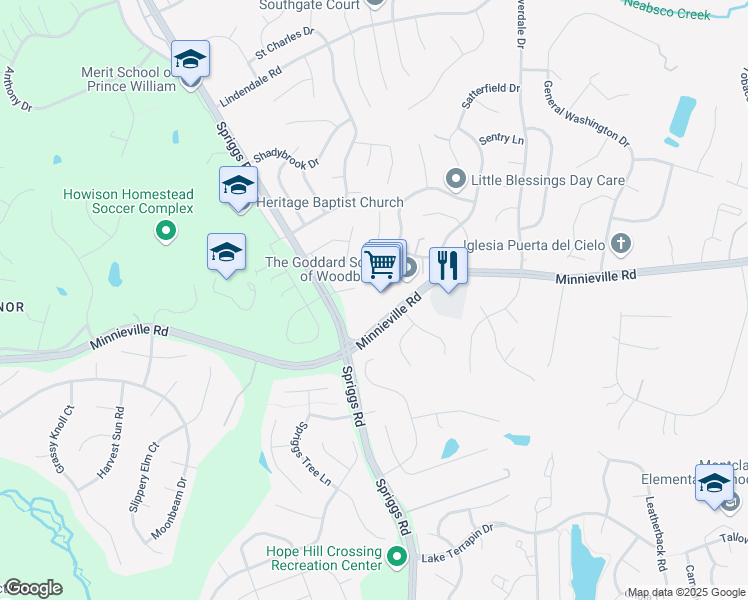 map of restaurants, bars, coffee shops, grocery stores, and more near 14630 Minnieville Road in Dale City