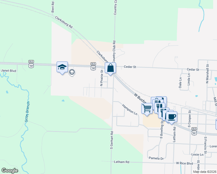 map of restaurants, bars, coffee shops, grocery stores, and more near 100-198 South Prairie Street in California