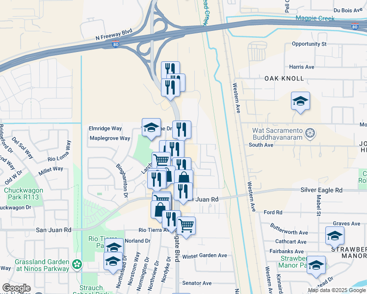 map of restaurants, bars, coffee shops, grocery stores, and more near 3570 Northgate Boulevard in Sacramento