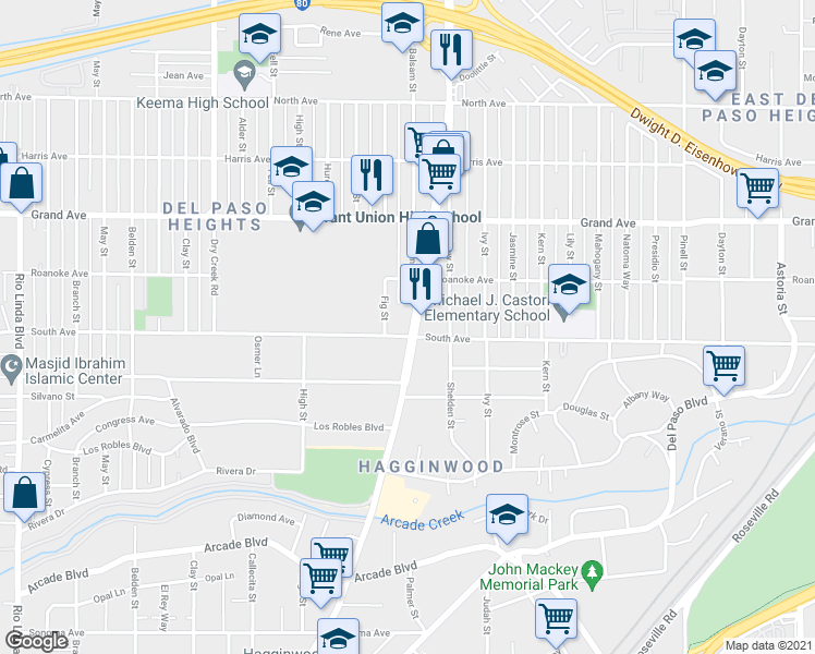 map of restaurants, bars, coffee shops, grocery stores, and more near 3603 Marysville Boulevard in Sacramento