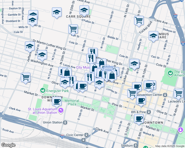 map of restaurants, bars, coffee shops, grocery stores, and more near in St. Louis