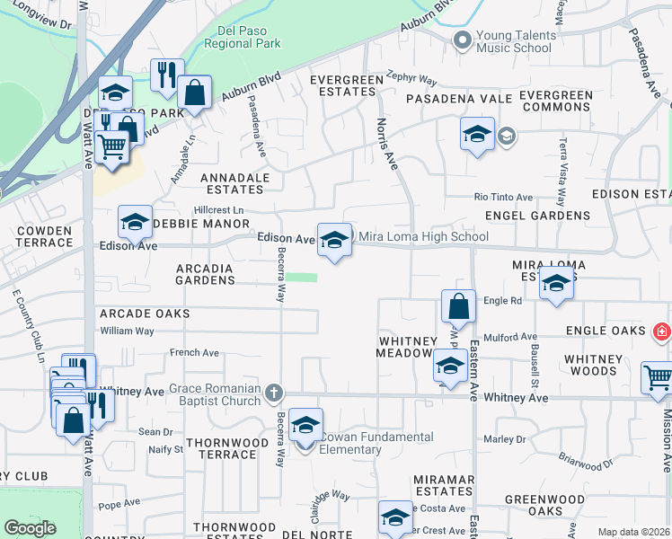 map of restaurants, bars, coffee shops, grocery stores, and more near Rosemary Circle in Sacramento