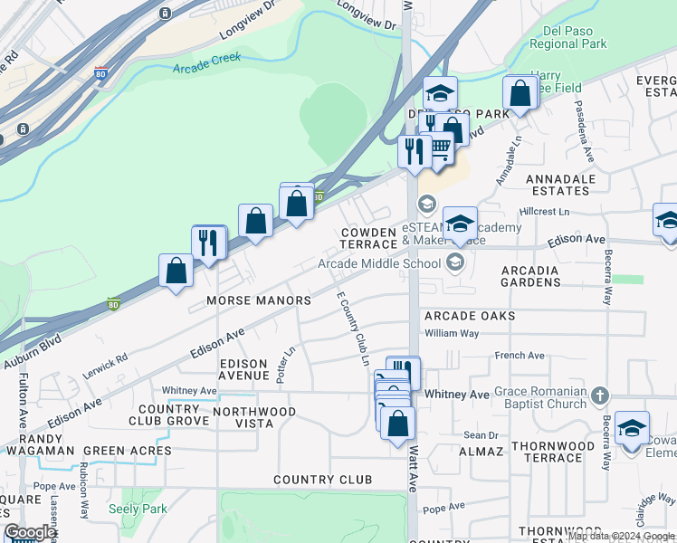 map of restaurants, bars, coffee shops, grocery stores, and more near 3660 East Country Club Lane in Sacramento
