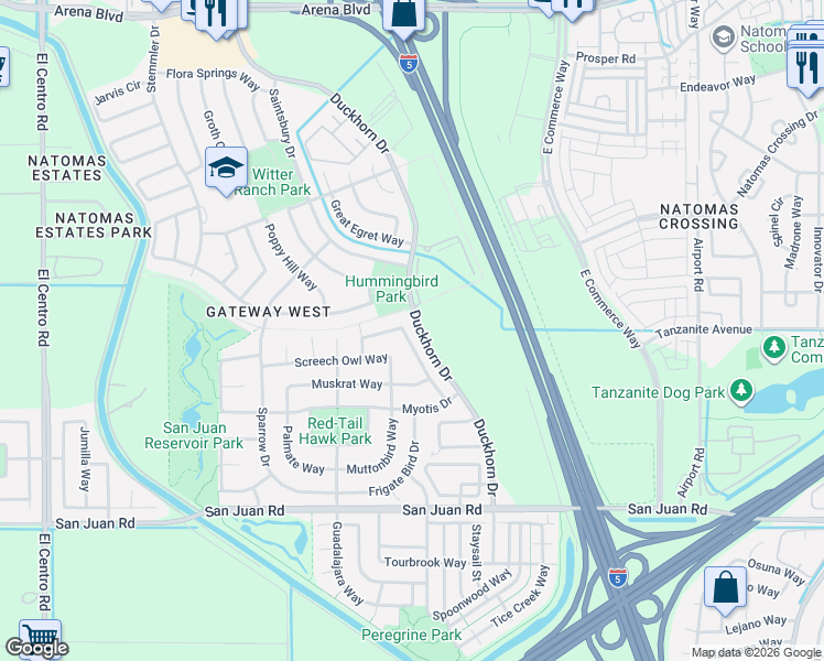 map of restaurants, bars, coffee shops, grocery stores, and more near 3481 Loggerhead Way in Sacramento