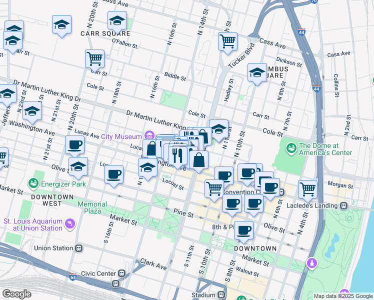 map of restaurants, bars, coffee shops, grocery stores, and more near 1228 Lucas Avenue in St. Louis
