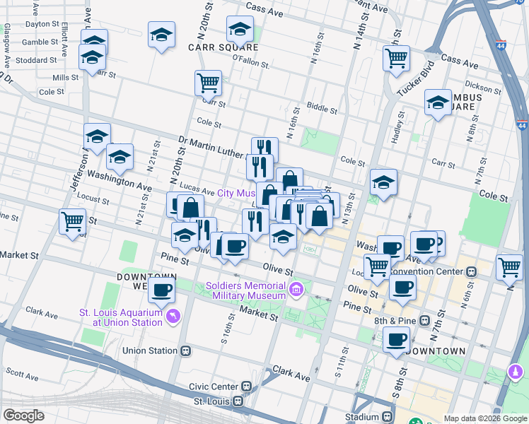 map of restaurants, bars, coffee shops, grocery stores, and more near in St. Louis