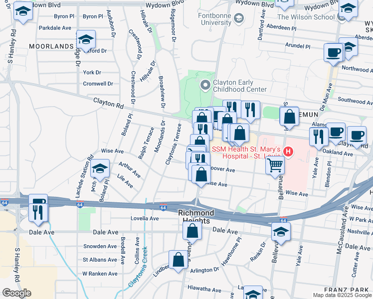 map of restaurants, bars, coffee shops, grocery stores, and more near 7553 Hoover Avenue in Richmond Heights