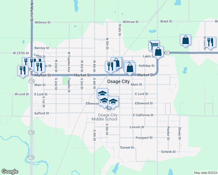 map of restaurants, bars, coffee shops, grocery stores, and more near 504 East Lord Street in Osage City