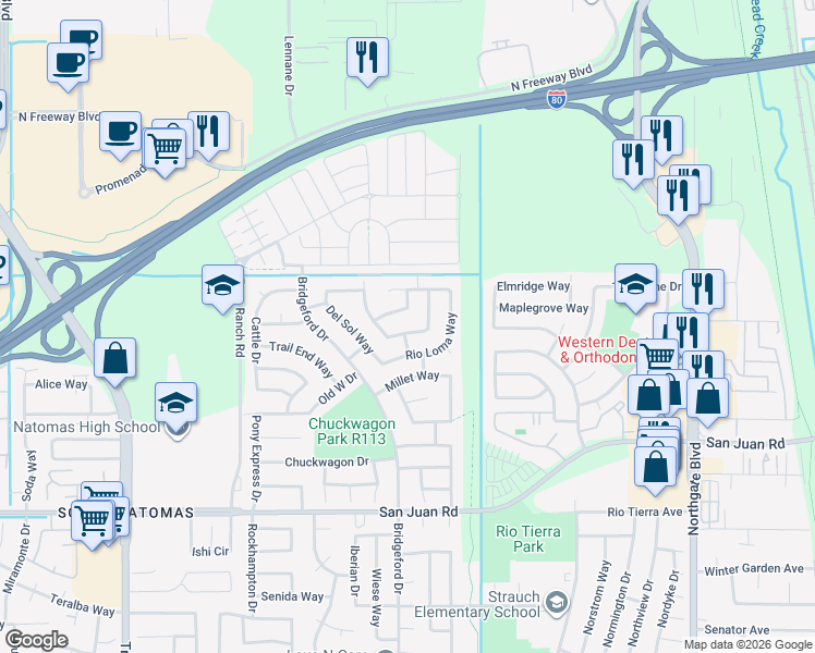 map of restaurants, bars, coffee shops, grocery stores, and more near 3547 Rio Loma Way in Sacramento