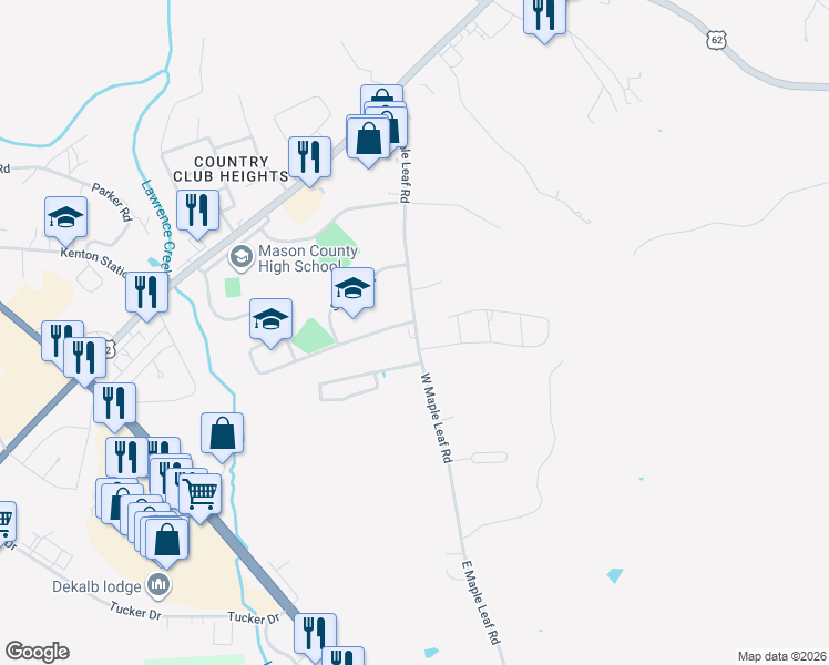 map of restaurants, bars, coffee shops, grocery stores, and more near 230 West Maple Leaf Road in Maysville