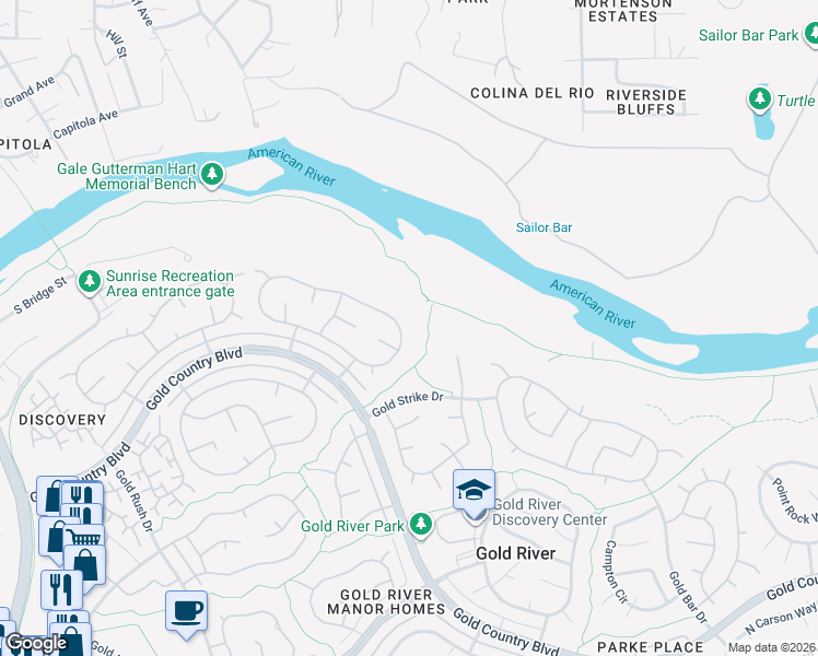 map of restaurants, bars, coffee shops, grocery stores, and more near 11535 Forty Niner Circle in Gold River