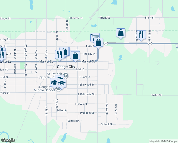 map of restaurants, bars, coffee shops, grocery stores, and more near 804 E Lord St in Osage City