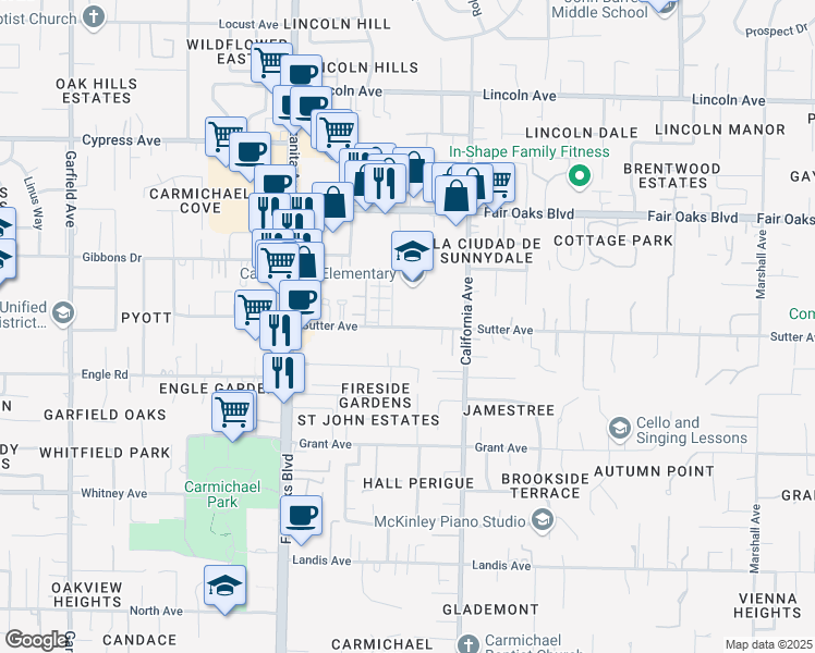 map of restaurants, bars, coffee shops, grocery stores, and more near 6141 Sutter Avenue in Carmichael