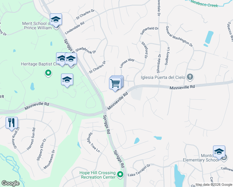 map of restaurants, bars, coffee shops, grocery stores, and more near 5556 Staple Mill Plaza in Woodbridge
