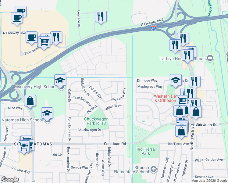 map of restaurants, bars, coffee shops, grocery stores, and more near 3609 Rio Pacifica Way in Sacramento