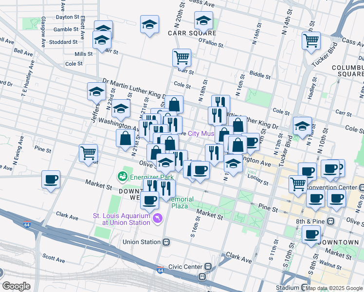 map of restaurants, bars, coffee shops, grocery stores, and more near 1801 Locust Street in St. Louis