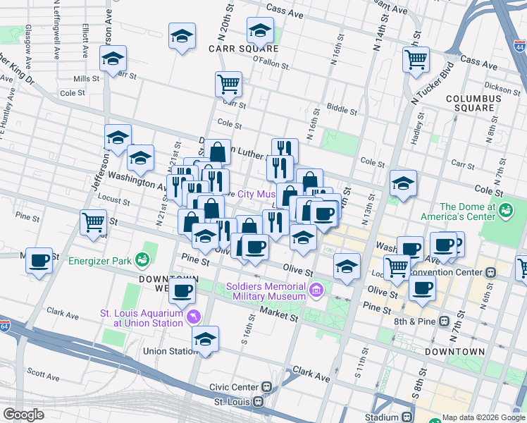 map of restaurants, bars, coffee shops, grocery stores, and more near 1641 Washington Avenue in St. Louis