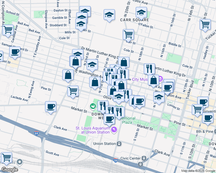 map of restaurants, bars, coffee shops, grocery stores, and more near 2012 Washington Avenue in St. Louis