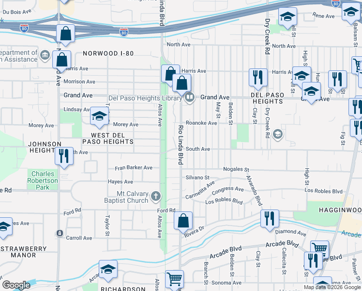 map of restaurants, bars, coffee shops, grocery stores, and more near in Sacramento