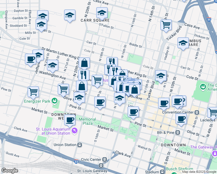 map of restaurants, bars, coffee shops, grocery stores, and more near 1624 Delmar Boulevard in St. Louis