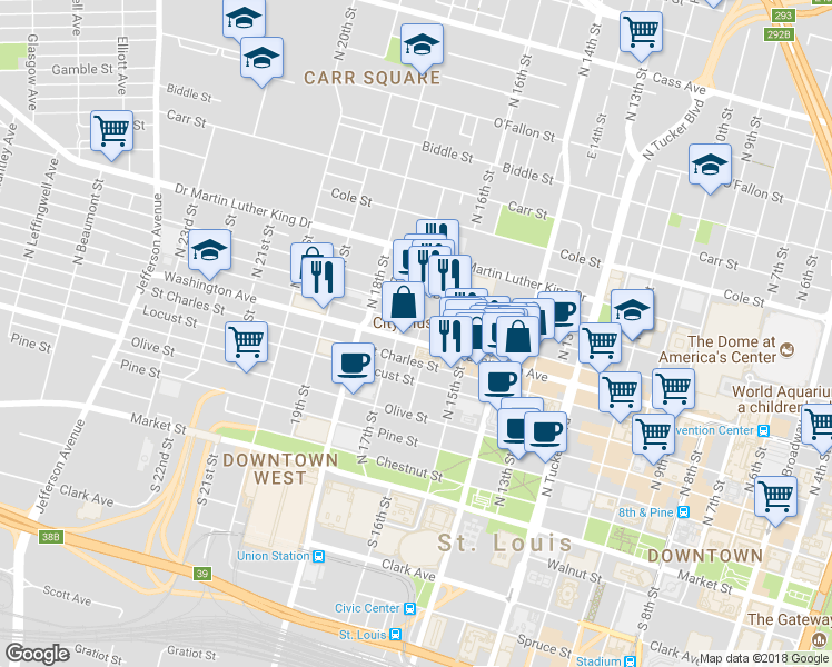 map of restaurants, bars, coffee shops, grocery stores, and more near 1624 Delmar Boulevard in St. Louis