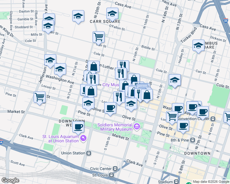 map of restaurants, bars, coffee shops, grocery stores, and more near 1624 Delmar Boulevard in St. Louis
