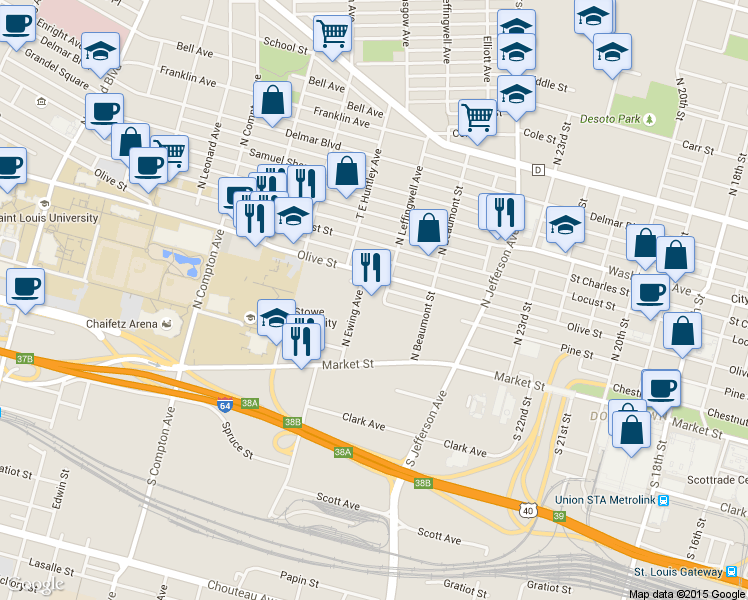 map of restaurants, bars, coffee shops, grocery stores, and more near in St. Louis