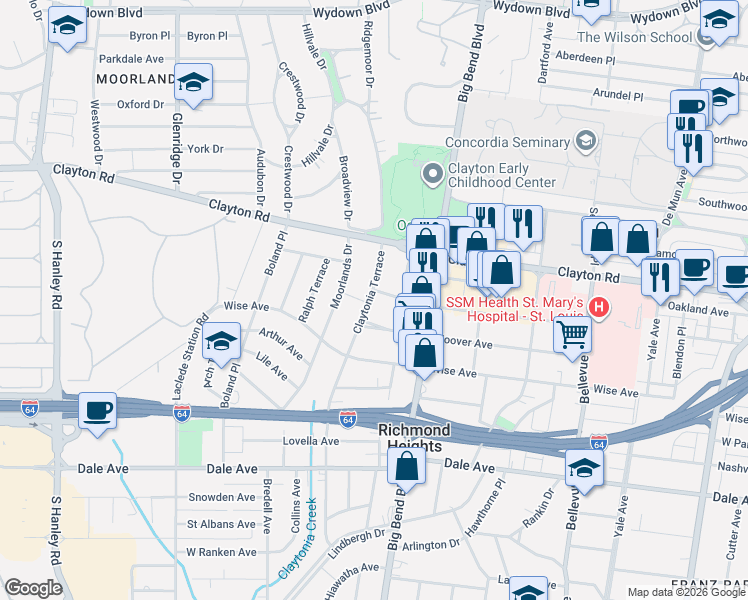 map of restaurants, bars, coffee shops, grocery stores, and more near 1024 Claytonia Terrace in Richmond Heights