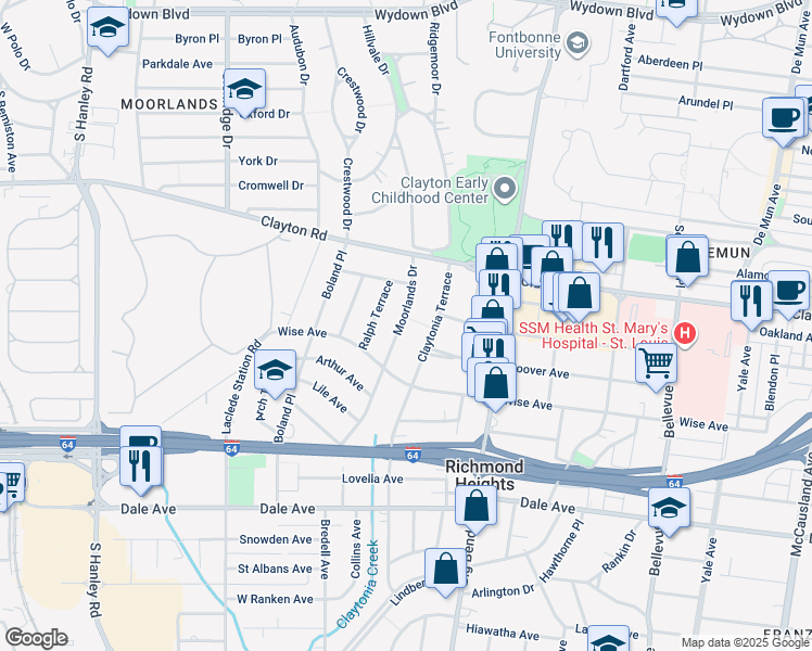 map of restaurants, bars, coffee shops, grocery stores, and more near 1114 Moorlands Drive in Richmond Heights