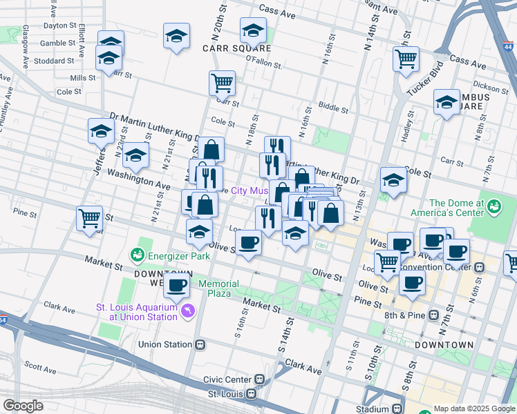 map of restaurants, bars, coffee shops, grocery stores, and more near 1624 Delmar Boulevard in St. Louis