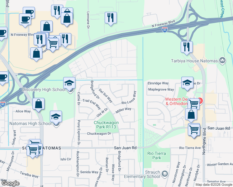 map of restaurants, bars, coffee shops, grocery stores, and more near 1180 Rio Norte Way in Sacramento