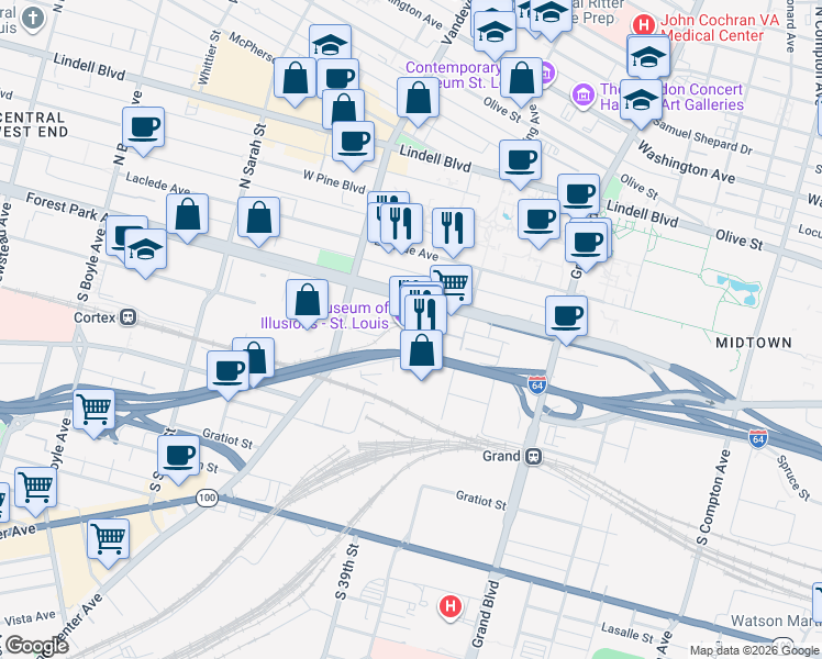 map of restaurants, bars, coffee shops, grocery stores, and more near 211 South Spring Avenue in St. Louis