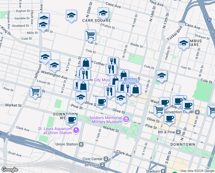map of restaurants, bars, coffee shops, grocery stores, and more near 1624 Delmar Boulevard in St. Louis