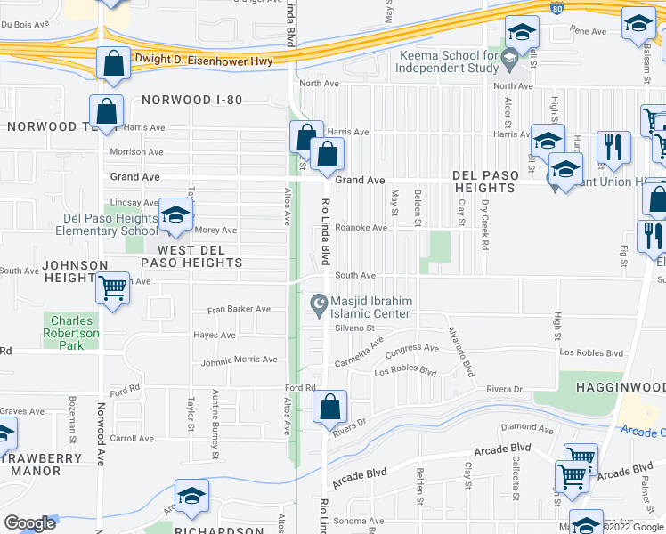 map of restaurants, bars, coffee shops, grocery stores, and more near 3602 Rio Linda Boulevard in Sacramento