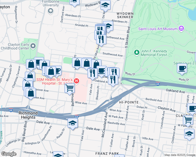 map of restaurants, bars, coffee shops, grocery stores, and more near in Clayton