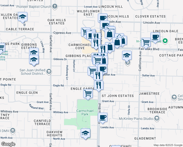 map of restaurants, bars, coffee shops, grocery stores, and more near 5853 Sutter Avenue in Carmichael