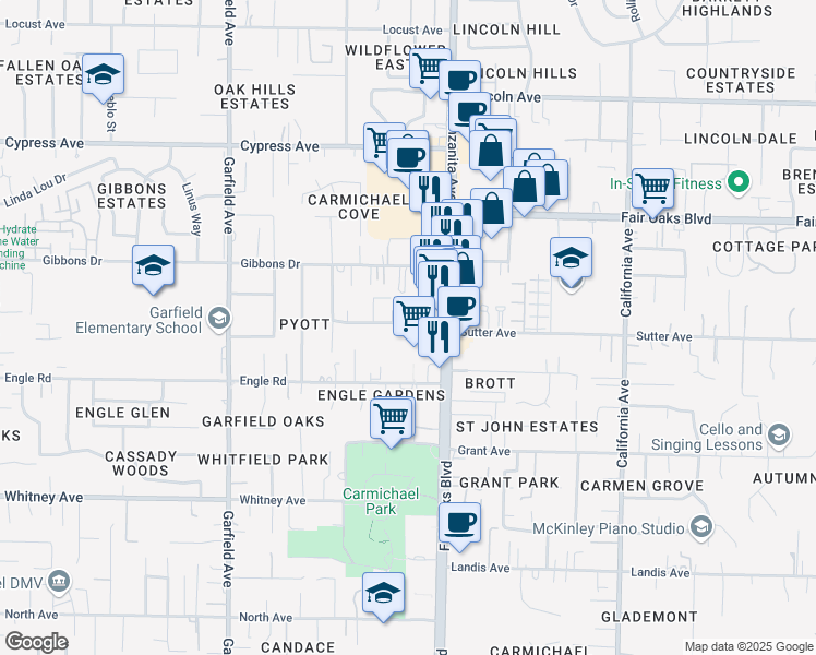 map of restaurants, bars, coffee shops, grocery stores, and more near 5853 Sutter Avenue in Carmichael