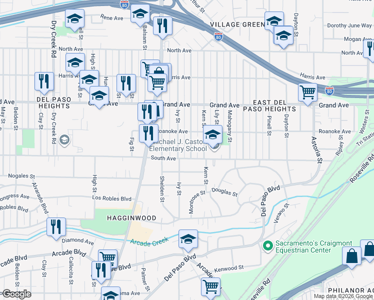 map of restaurants, bars, coffee shops, grocery stores, and more near 3632 Jasmine Street in Sacramento