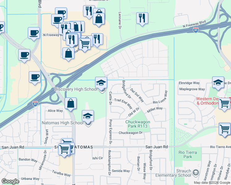 map of restaurants, bars, coffee shops, grocery stores, and more near 3606 Cattle Drive in Sacramento