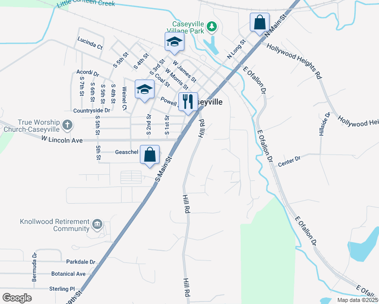map of restaurants, bars, coffee shops, grocery stores, and more near 600 South Main Street in Caseyville