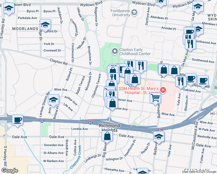 map of restaurants, bars, coffee shops, grocery stores, and more near 1022 Commodore Drive in Richmond Heights