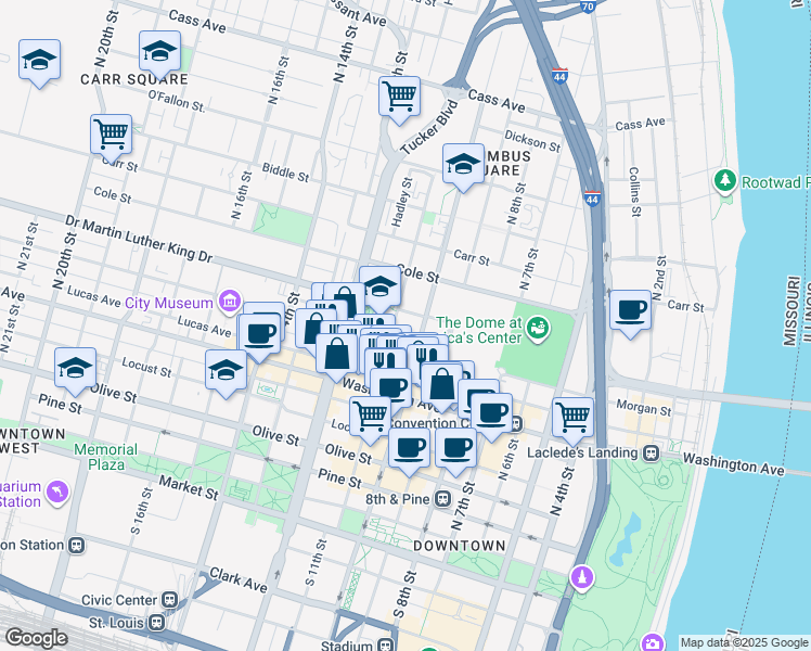 map of restaurants, bars, coffee shops, grocery stores, and more near 1005 Convention Plaza in St. Louis