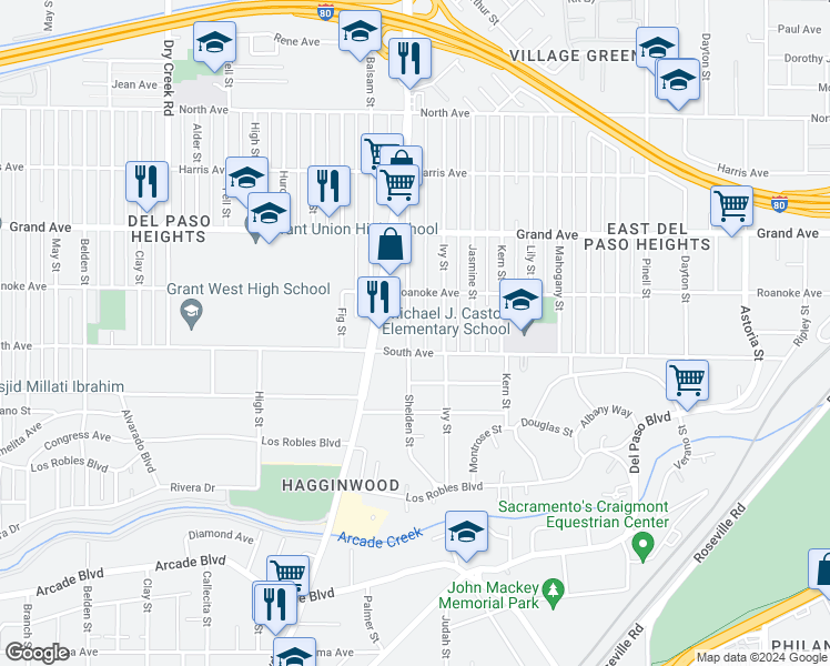 map of restaurants, bars, coffee shops, grocery stores, and more near 3612 Willow Street in Sacramento