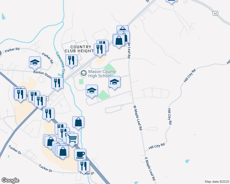 map of restaurants, bars, coffee shops, grocery stores, and more near 387 Chenault Drive in Maysville