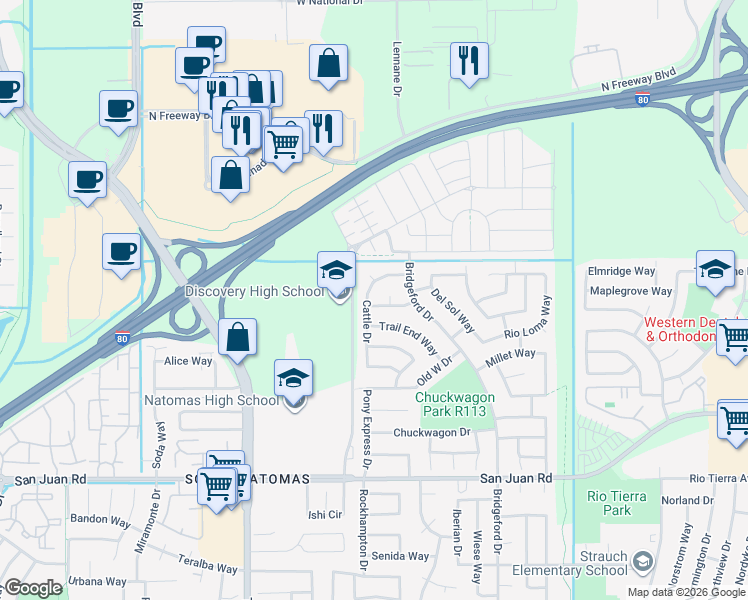 map of restaurants, bars, coffee shops, grocery stores, and more near 3606 Cattle Drive in Sacramento